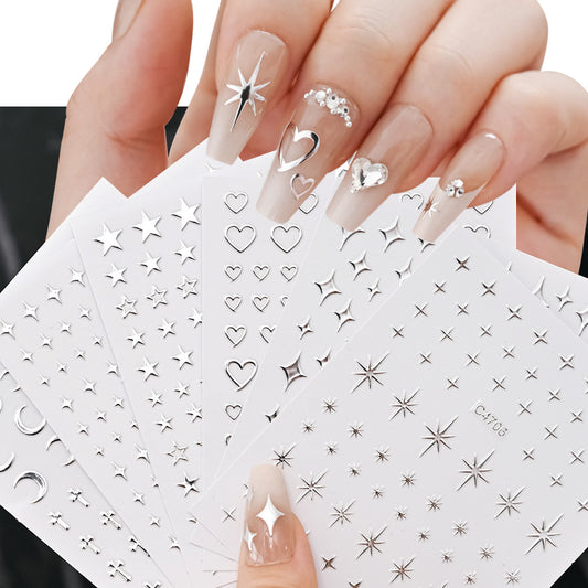 New liquid metal silver nail sticker y2g Millennium style Cross Heart star love small size pattern nail sticker